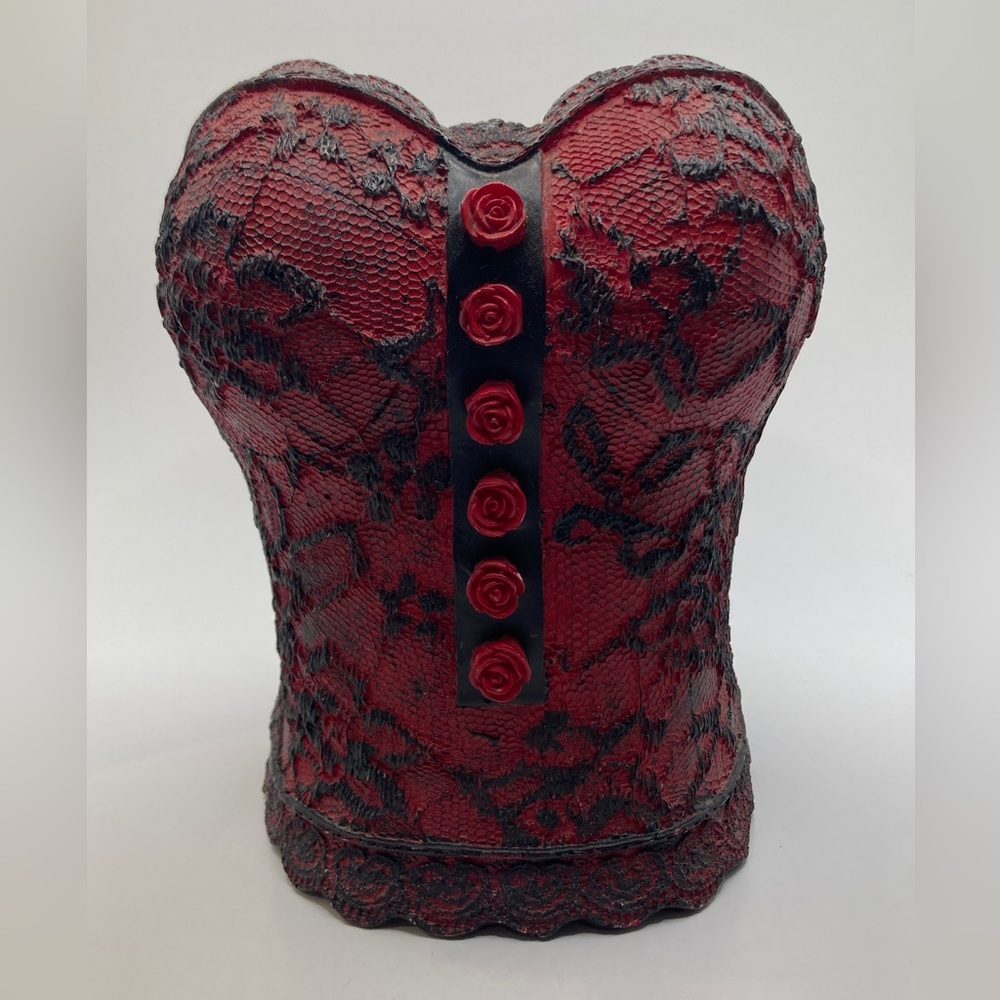 Black and red lace corset pot container